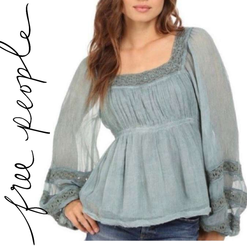 Free People Moonchaser Peasant Boho Blouse in Blue Dust